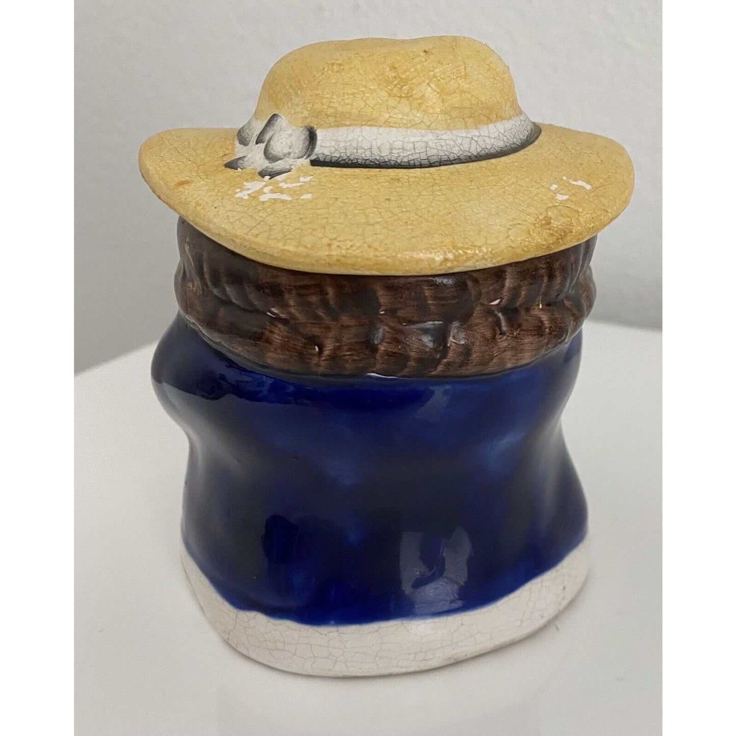 Vintage Majolica Tobacco Humidor with a Man Wearing a Hat