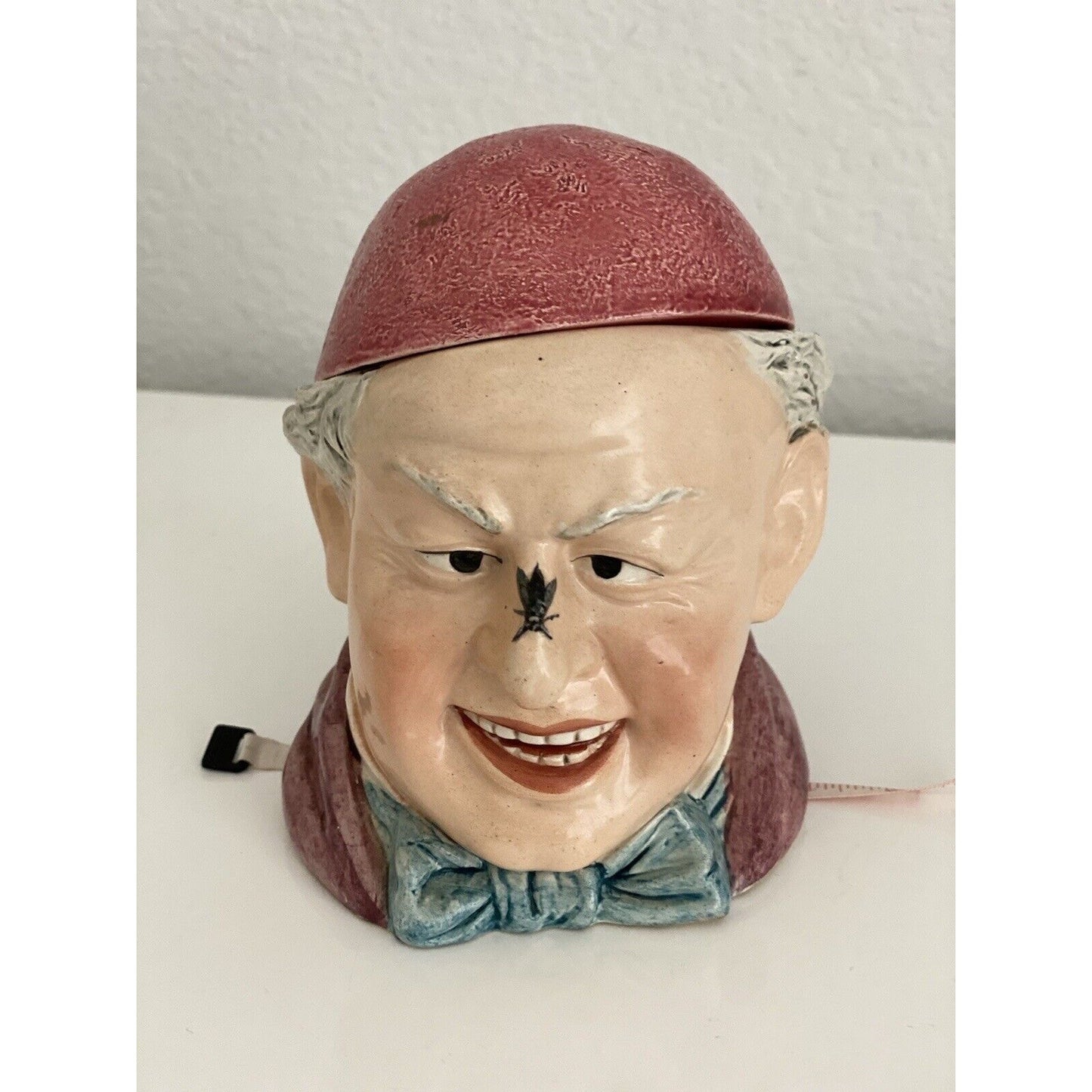 Vintage Old Majolica Tobacco Humidor with a Man Wearing a Hat