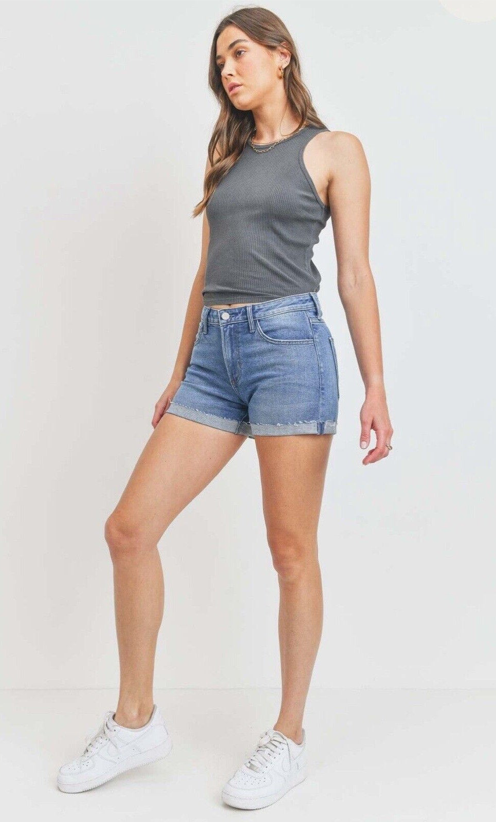 Just Black Shorts Cuffed Short Denim Mom Shirts Pockets Frayed Hem