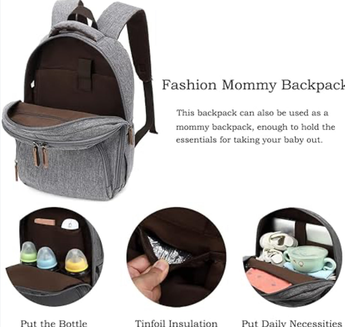 Eddie Bauer Places & Spaces Bridgeport Diaper Bag Backpack, Cooler Bottle Pockets and Changing Pad Included, Light Grey and Tan