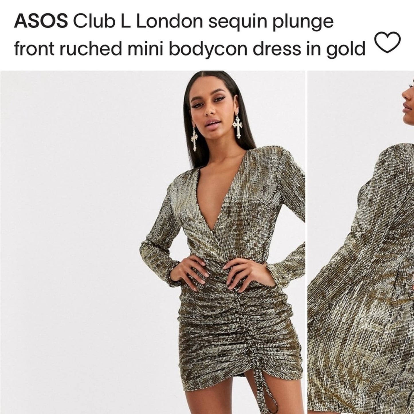 ASOS CLUB LONDON WOMENS SEQUIN PLUNGE FRONT RUCHED MINI DRESS IN GOLD sz8