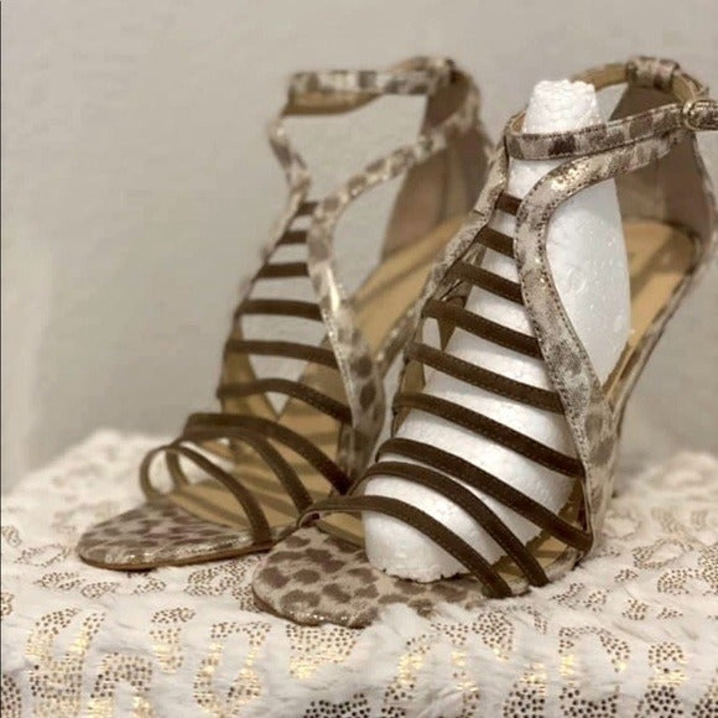 Leopard Print and Gold Strappy Stilettos size 9