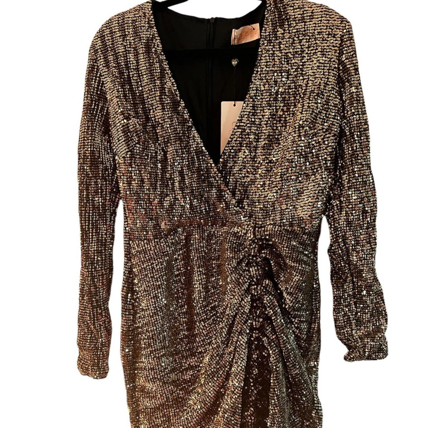 ASOS CLUB LONDON WOMENS SEQUIN PLUNGE FRONT RUCHED MINI DRESS IN GOLD sz8