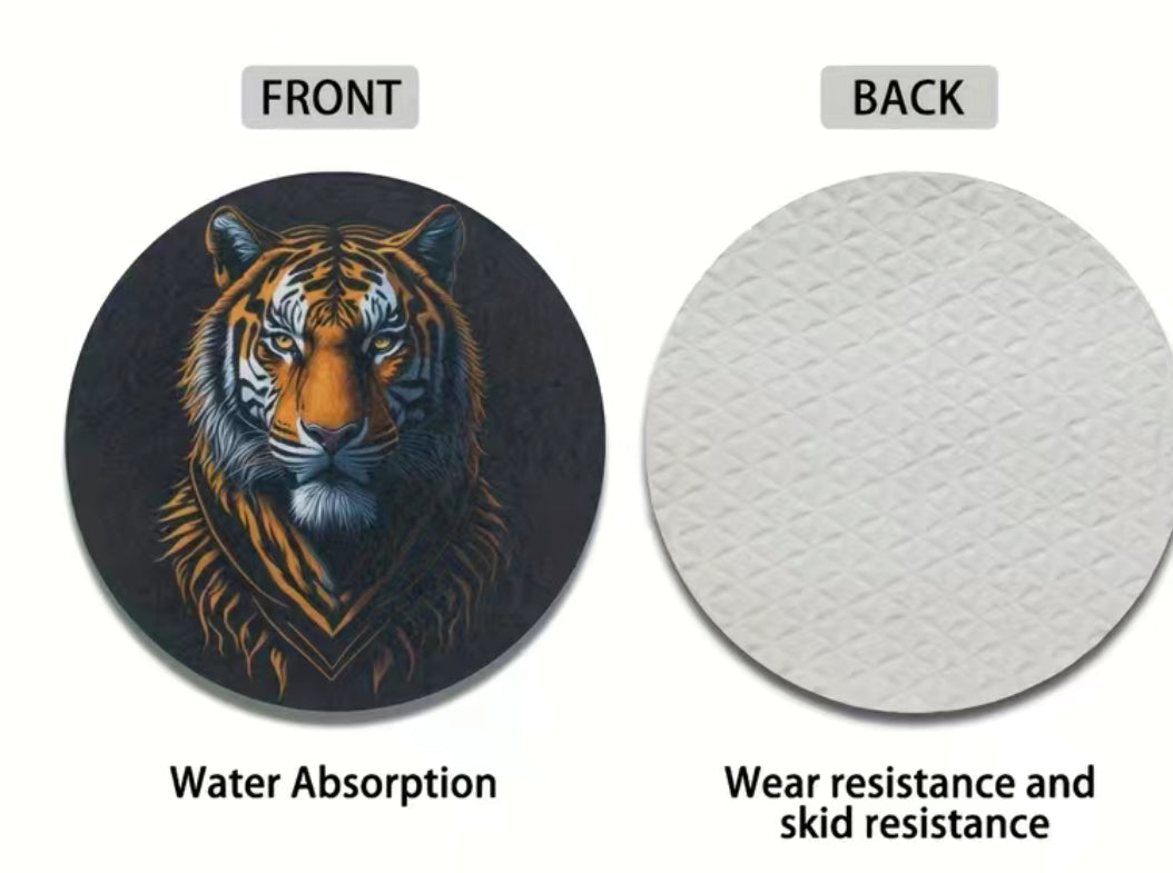 2pcs Cool Tiger Absorbent Car Cup Holder Coaster Mats - Car Interior Accessories For Women & Men, Water Cup Coasters For Car Vehicles & Home Desk