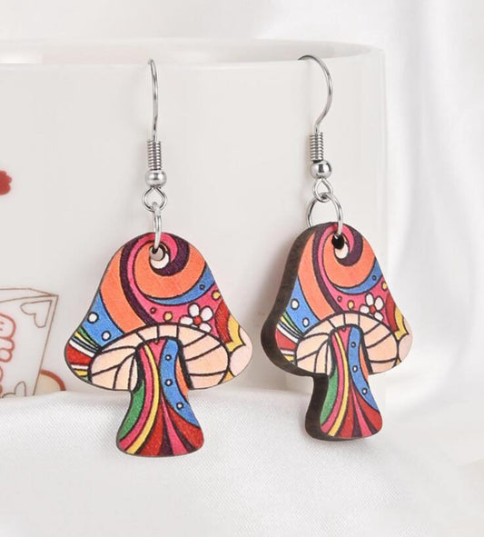 1pair Colorful Mushroom Shaped Wooden Earrings