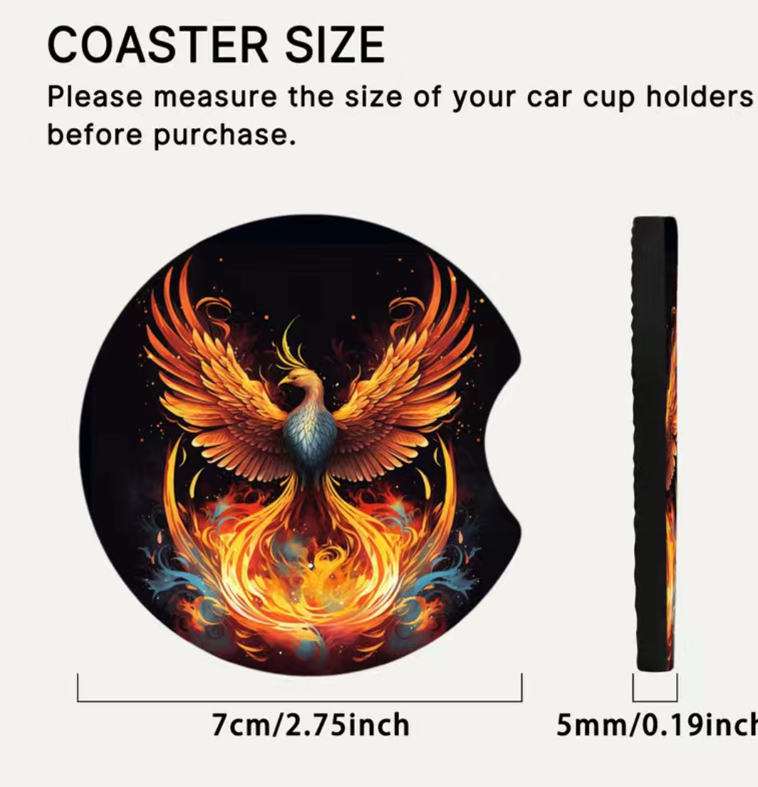 2pcs Fire Phoenix Printed Foam Absorbent Car Cup Holder Coasters, Fashion Car Accessories, Car Cup Holder Accessories