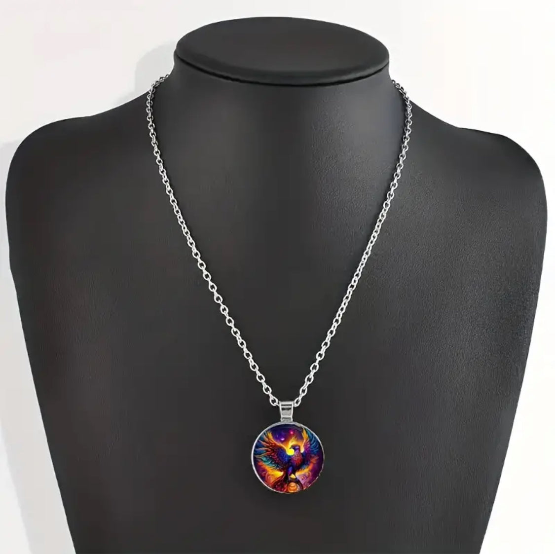 1pc Bohemian Style Retro Colorful Phoenix Pattern Round Pendant Necklace,