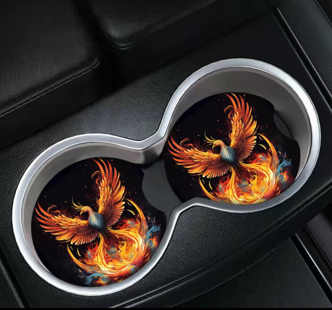 2pcs Fire Phoenix Printed Foam Absorbent Car Cup Holder Coasters, Fashion Car Accessories, Car Cup Holder Accessories