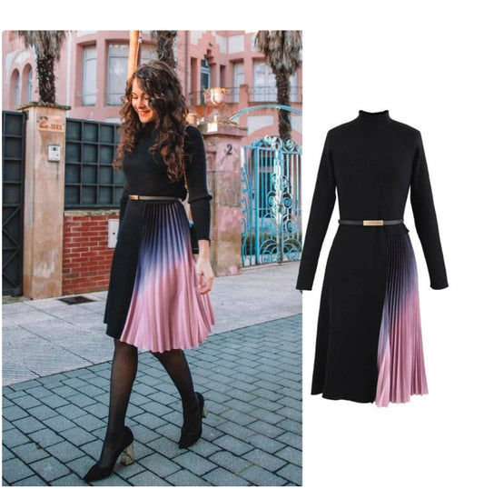 GRADIENT PLEATED SPLICING BELTED KNIT DRESS IN BLACK