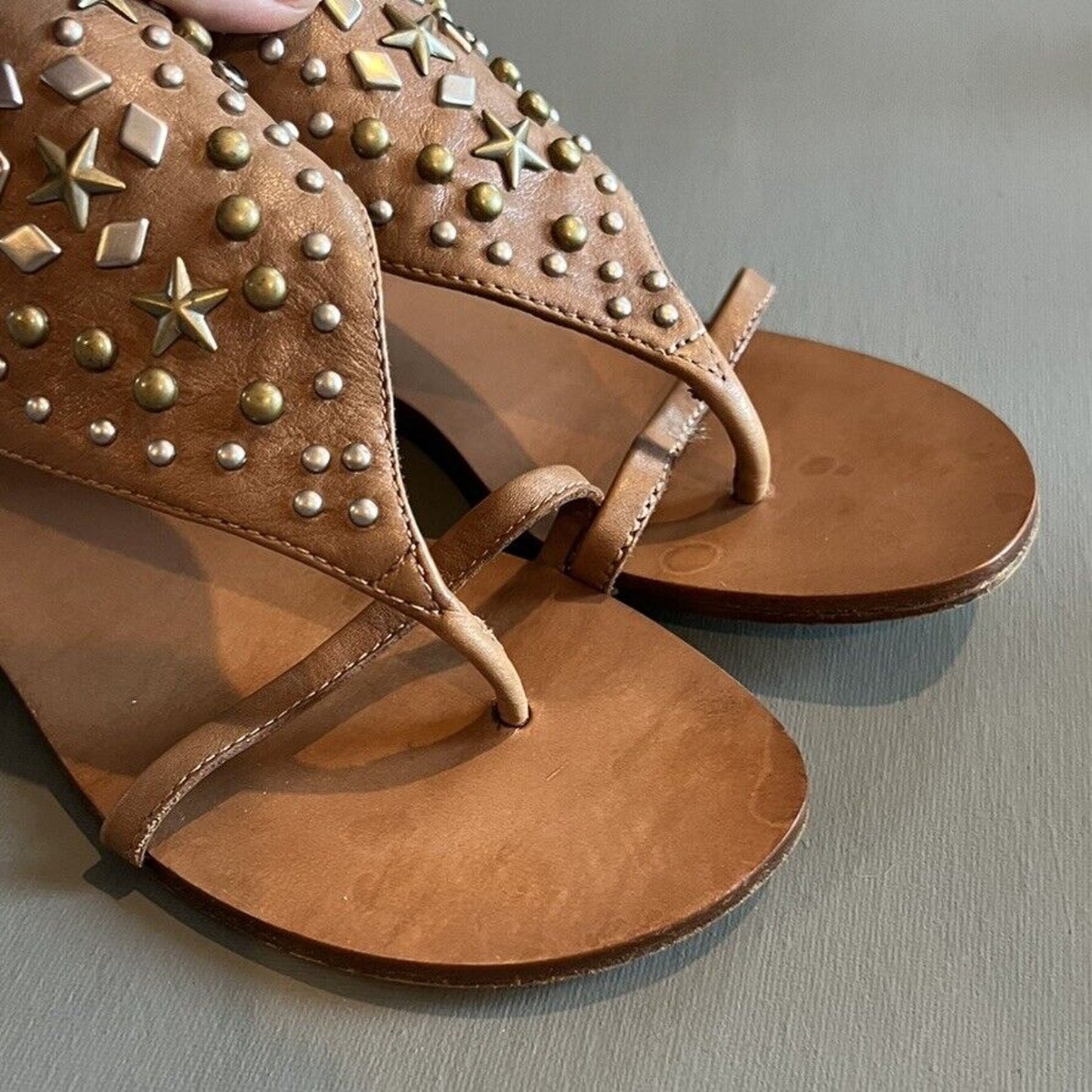 Ash Mercure Leather Gladiator Thong Sandals EU 36.5 Rhinestone Studs Brown Zip