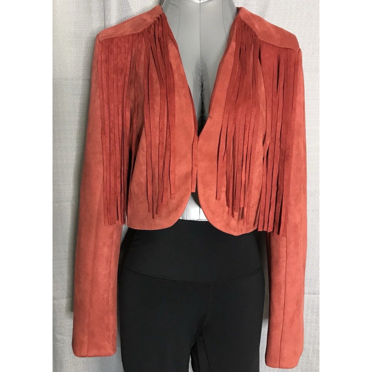 FATE J4600 Faux Suede Leather Western Fringe Cropped Blazer Jacket Burnt Orange